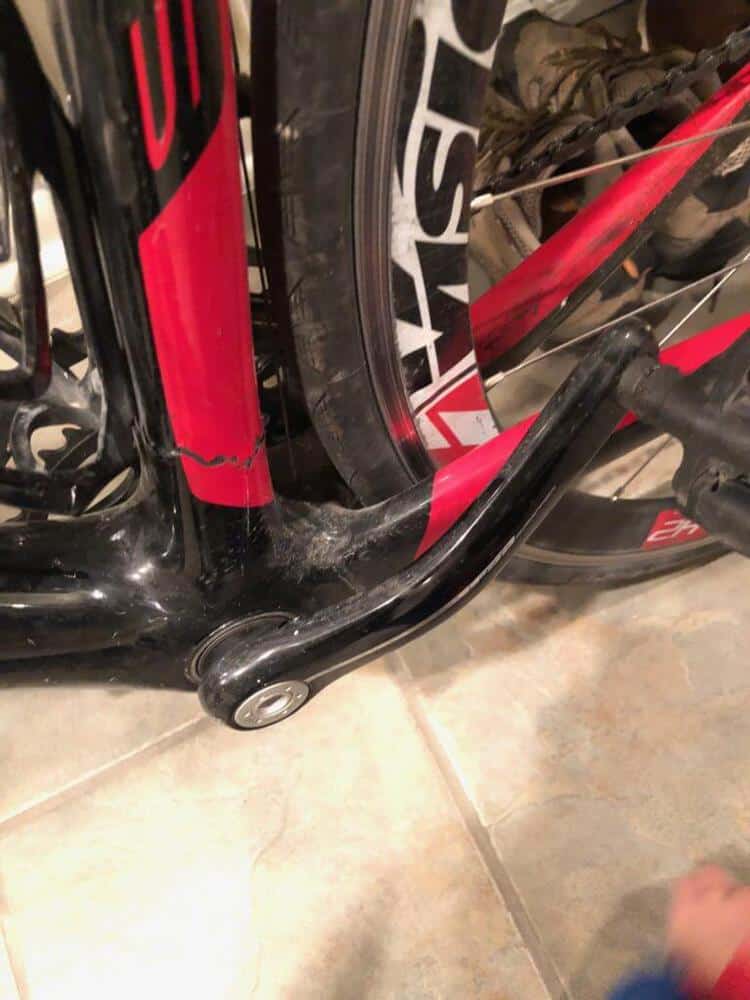 broken bike frame and bent cranks