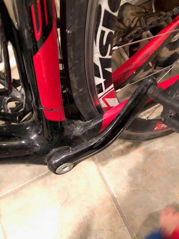 broken bike frame and bent cranks