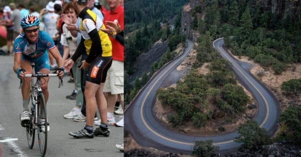 cyclist climbing long, steep mountain pass
