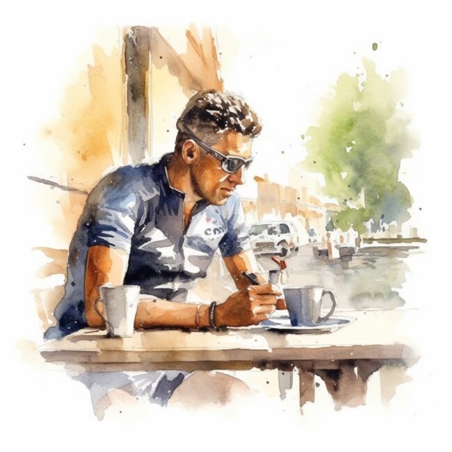cyclist drinking espresso in a cafe watercolor 