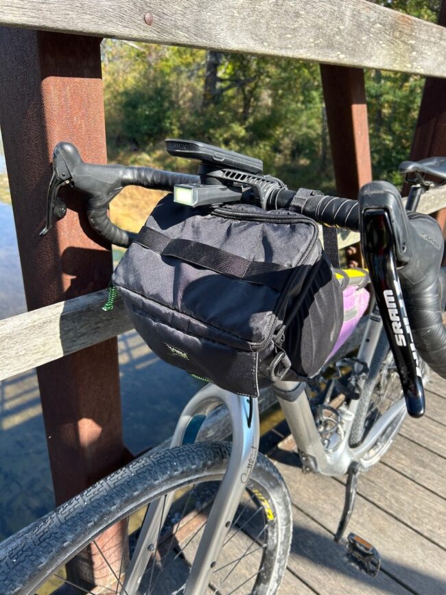Handlestash Stashquatch Handlebar Bag front view on bike
