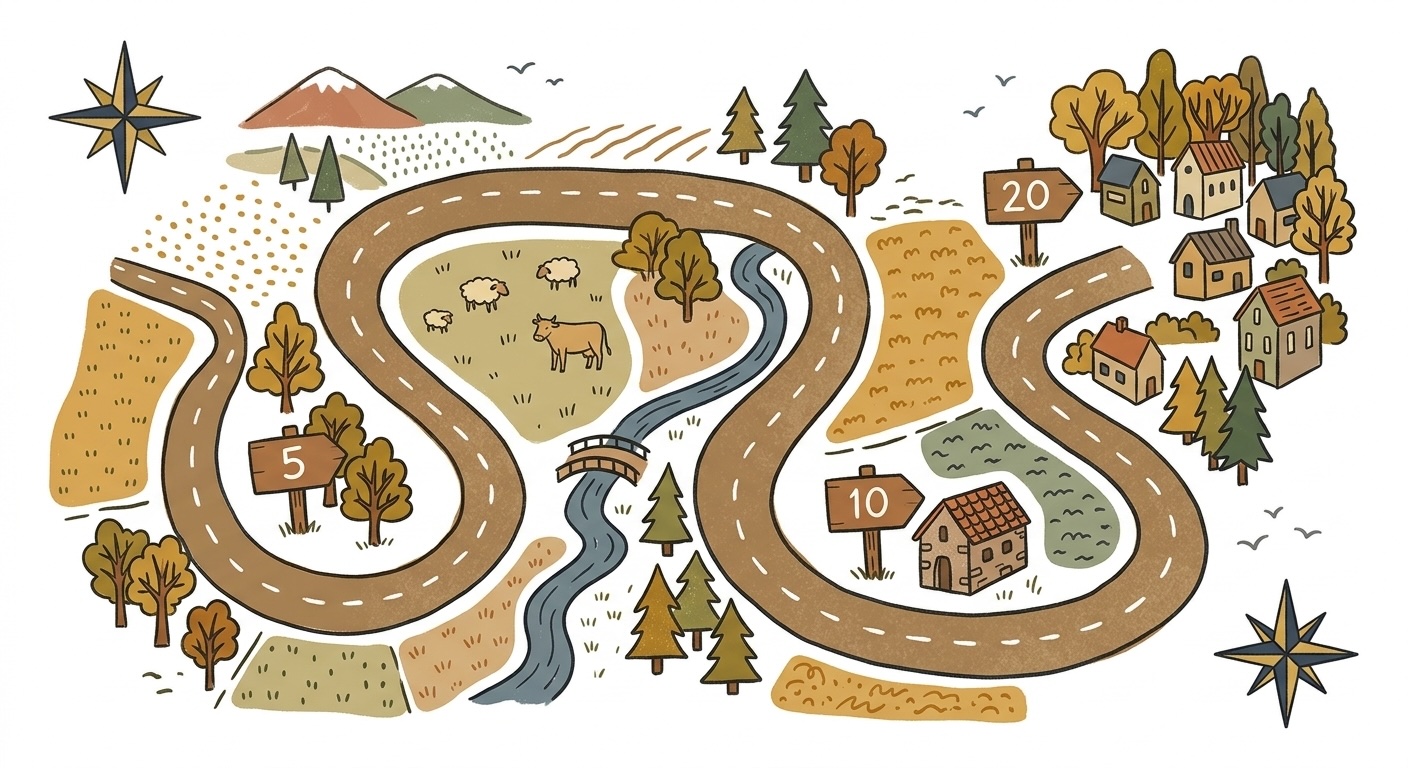 Illustrated road map showing cycling distance milestones