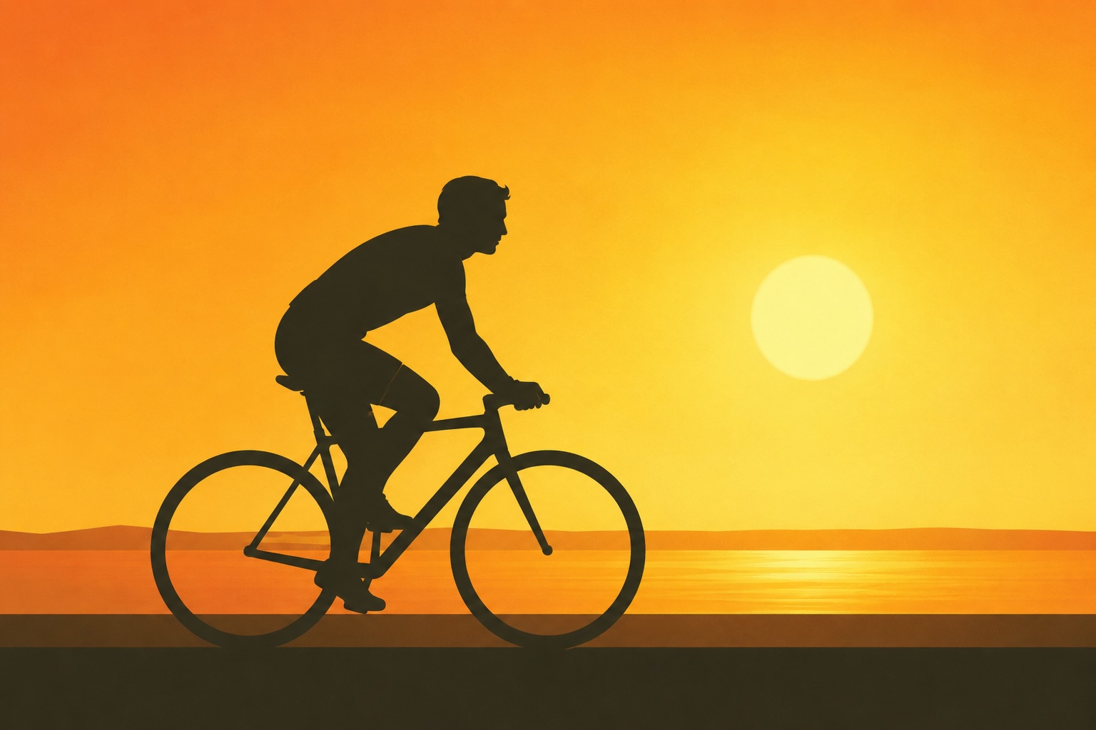 Silhouette of a beginner cyclist riding at sunset